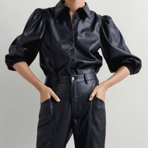Zara / M / Faux Leather Puff Sleeve Blouse